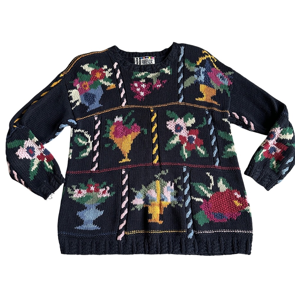 Vintage Athetico Forenza Floral Sweater Womens‎ L Chunky Knit Ramie Cotton Crew